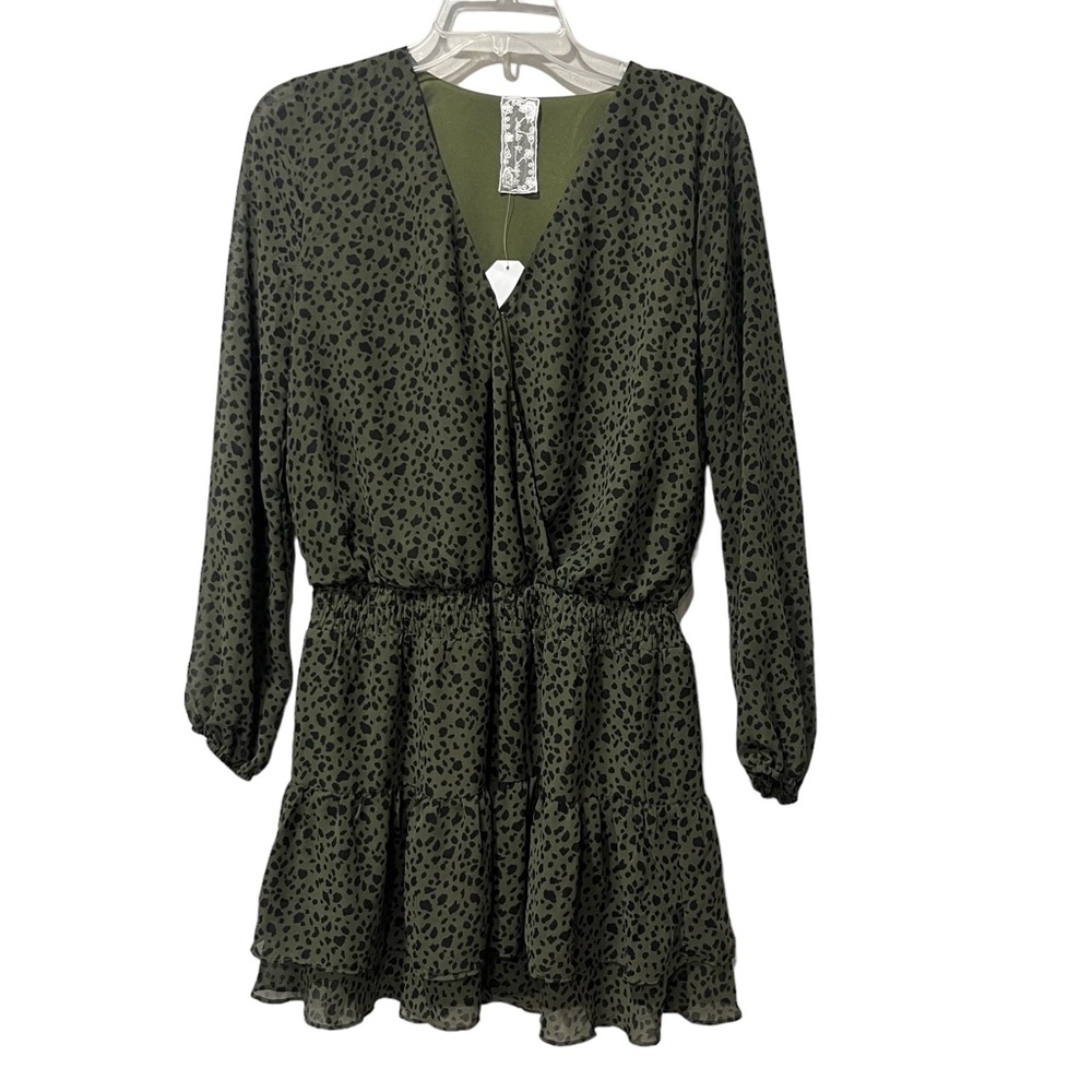 Sadie & Sage Womens Olive Green Animal Print Mini Dress Long Sleeve Small NWT